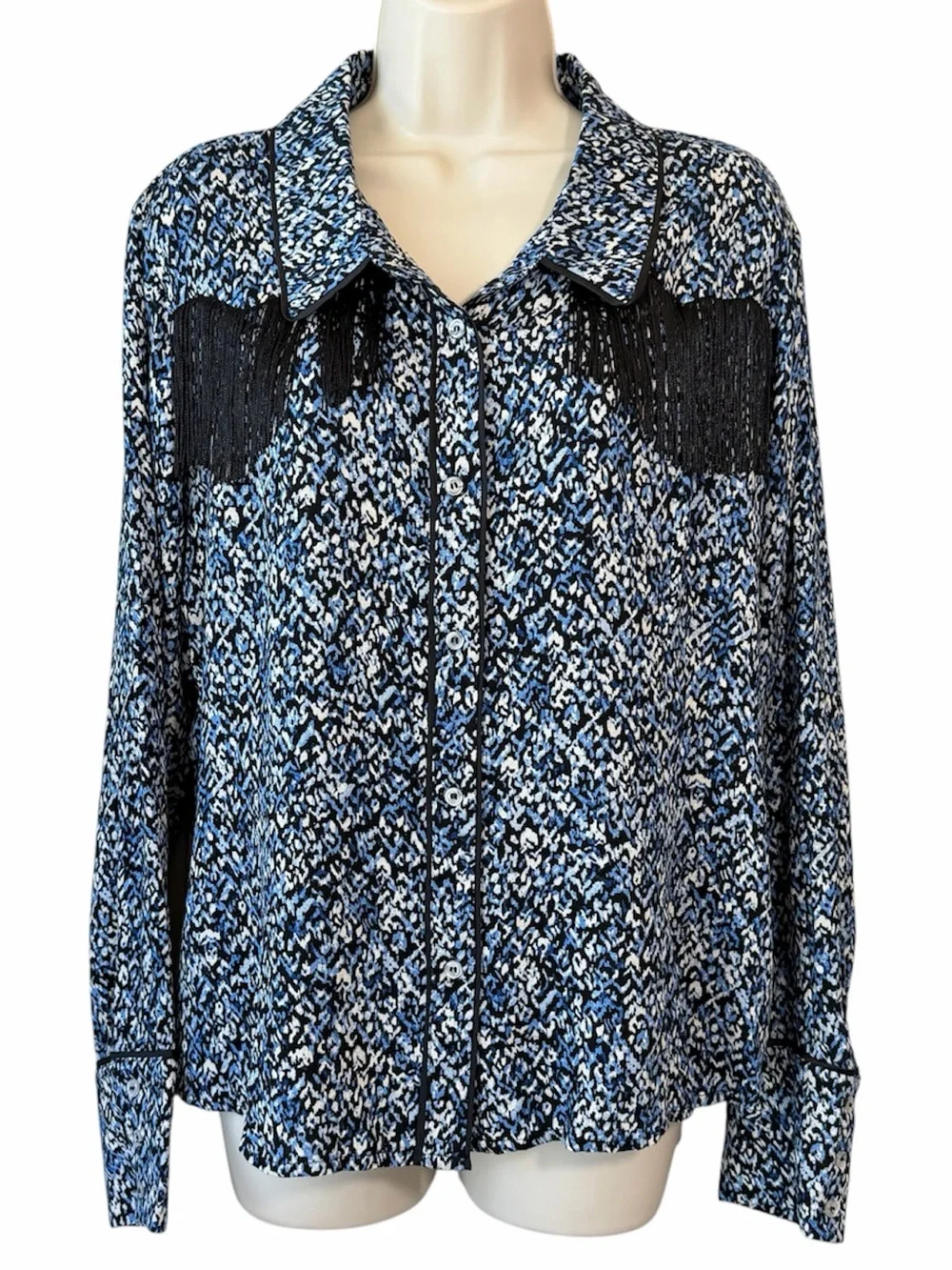 NWT Idyllwind x Miranda Lambert XL Blue Fringed Blouse Button Up Long Sleeve